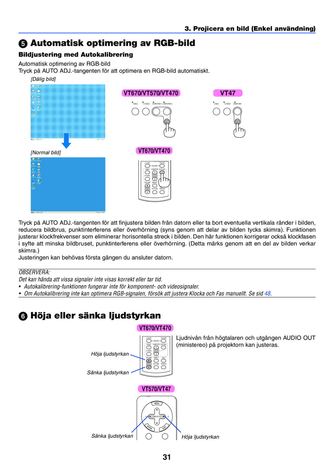 Nikon VT470 manual Automatisk optimering av RGB-bild, Höja eller sänka ljudstyrkan, Bildjustering med Autokalibrering 