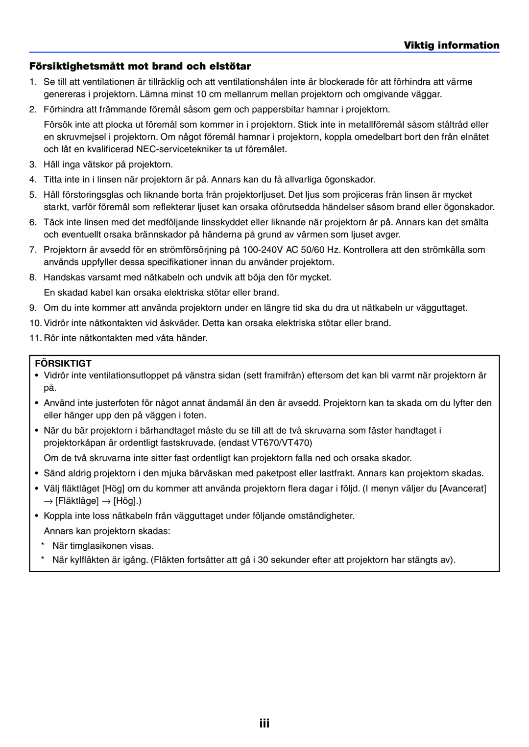 Nikon VT470 manual Iii, Viktig information Försiktighetsmått mot brand och elstötar 