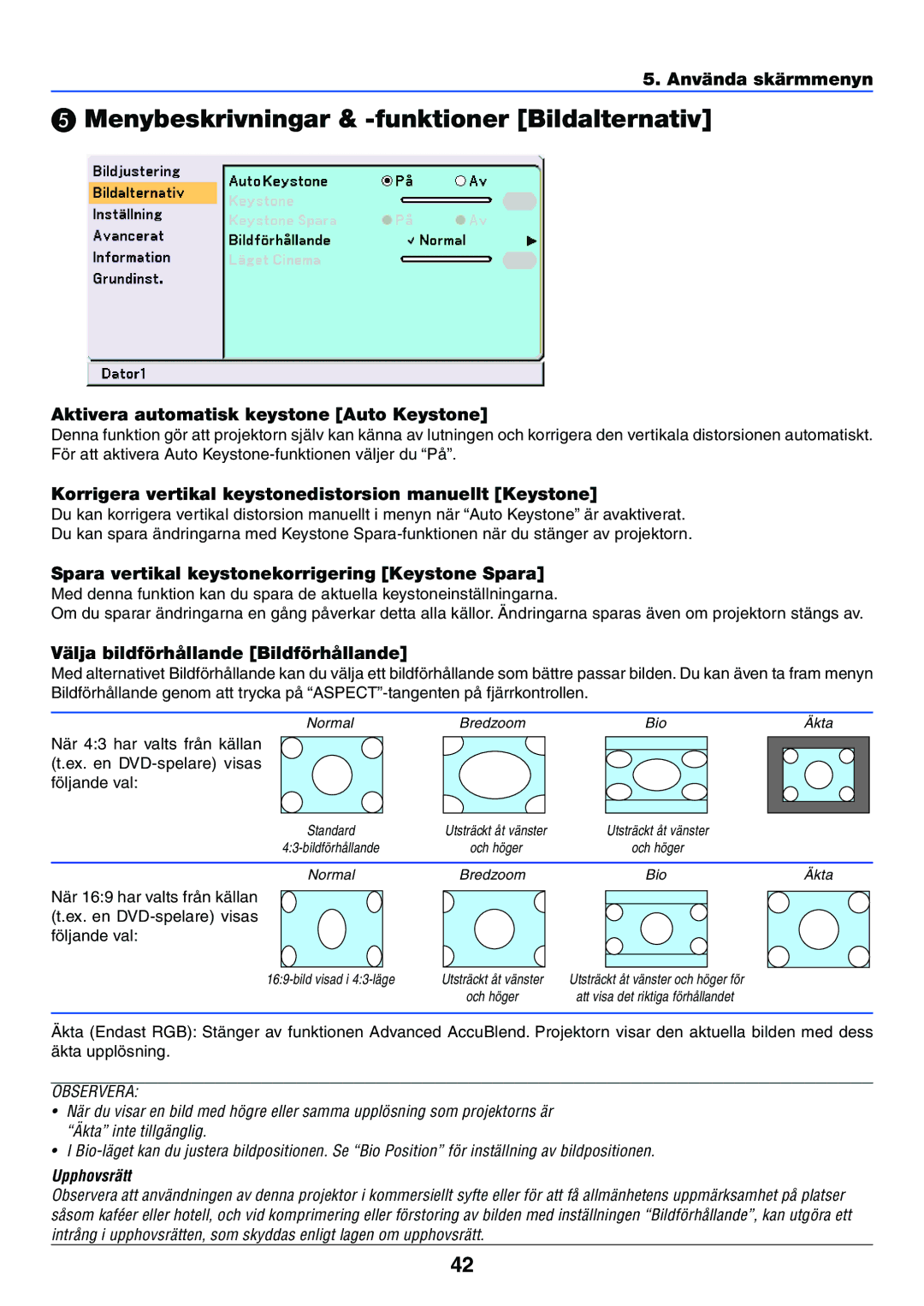 Nikon VT470 manual Menybeskrivningar & -funktioner Bildalternativ, Aktivera automatisk keystone Auto Keystone 