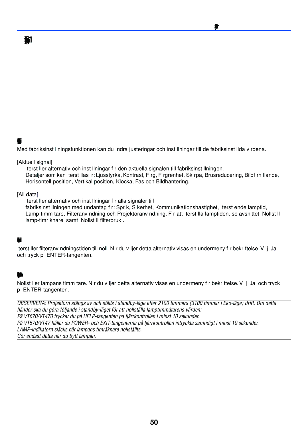 Nikon VT470 manual Menybeskrivningar & -funktioner Grundinst, Återgå till fabriksinställningar Fabriksinställning 