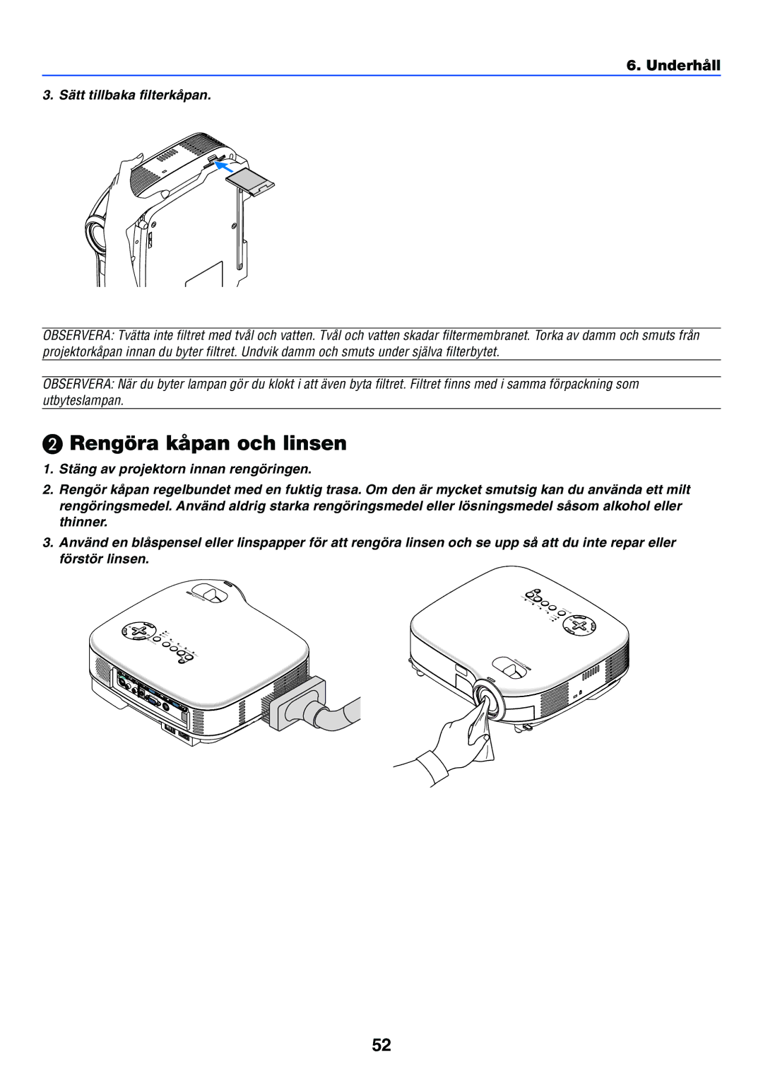 Nikon VT470 manual Rengöra kåpan och linsen, Underhåll 