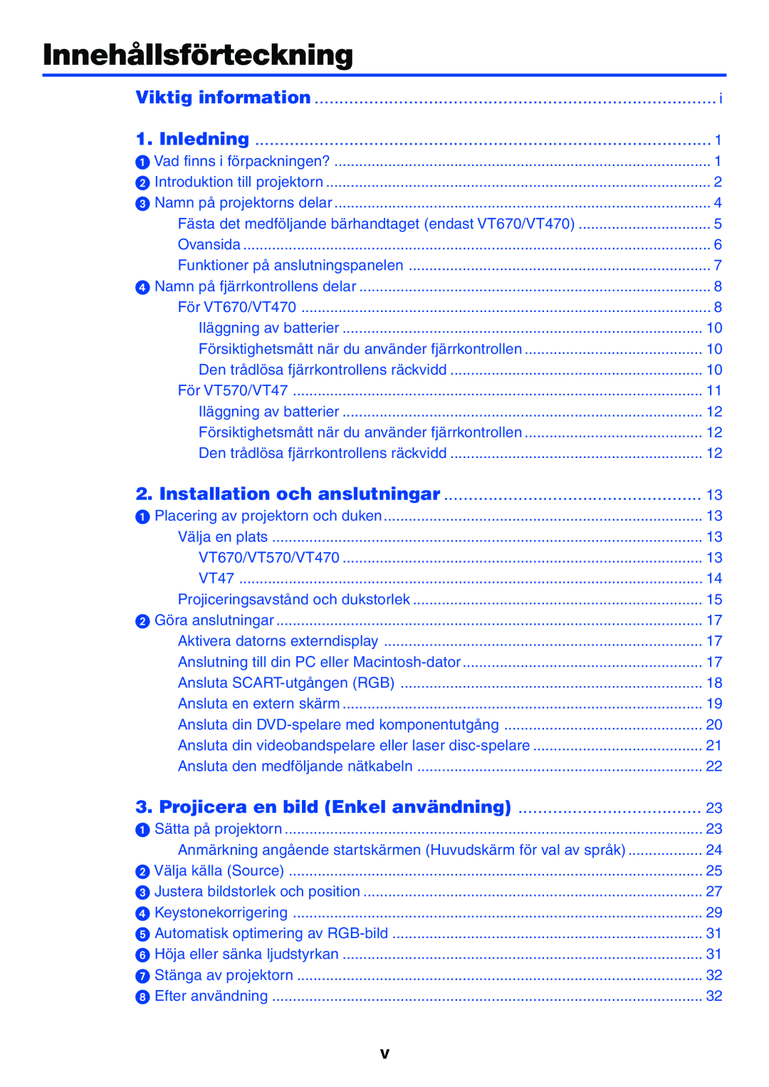 Nikon VT470 manual Innehållsförteckning 