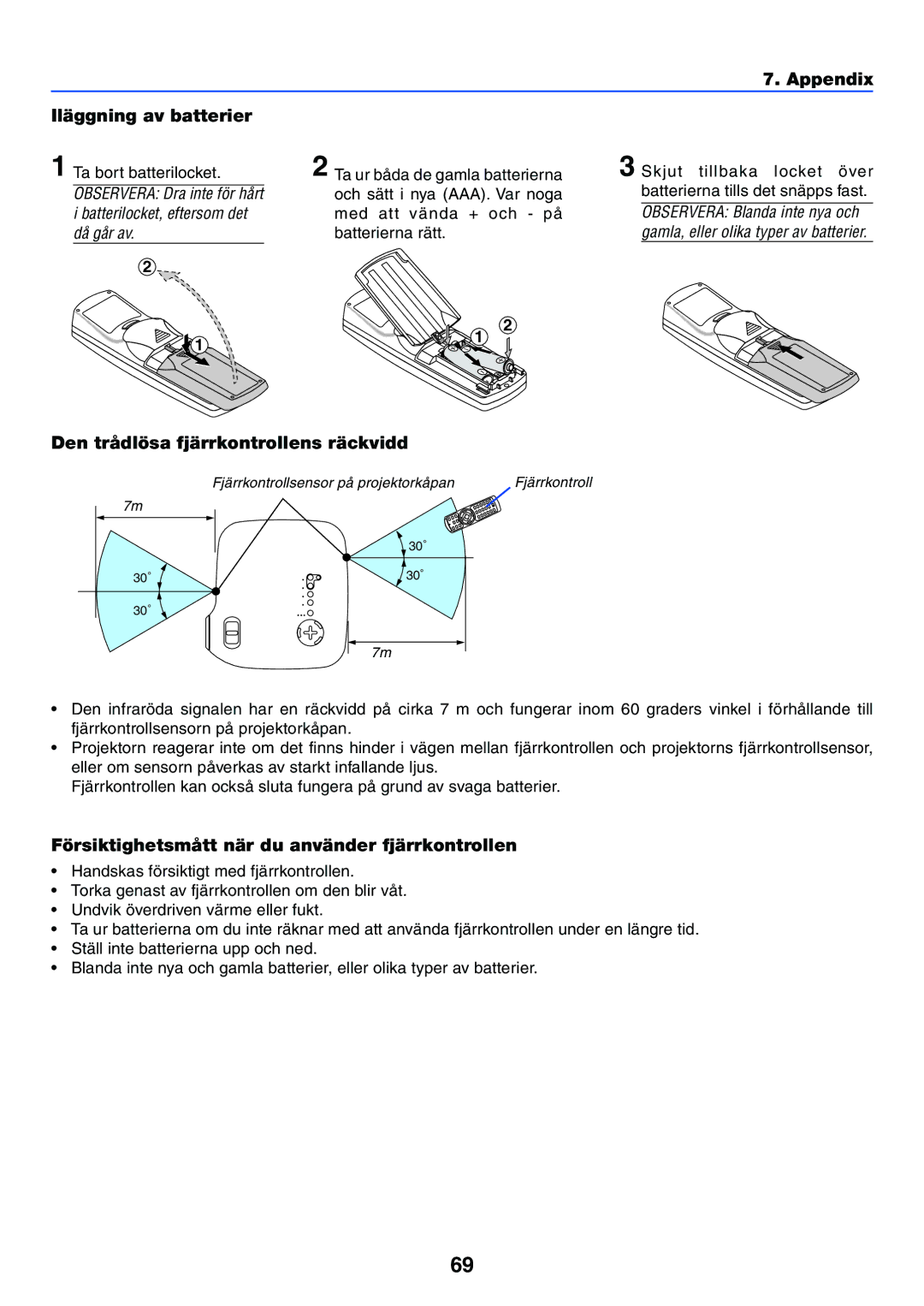 Nikon VT470 manual Appendix Iläggning av batterier, Den trådlösa fjärrkontrollens räckvidd 