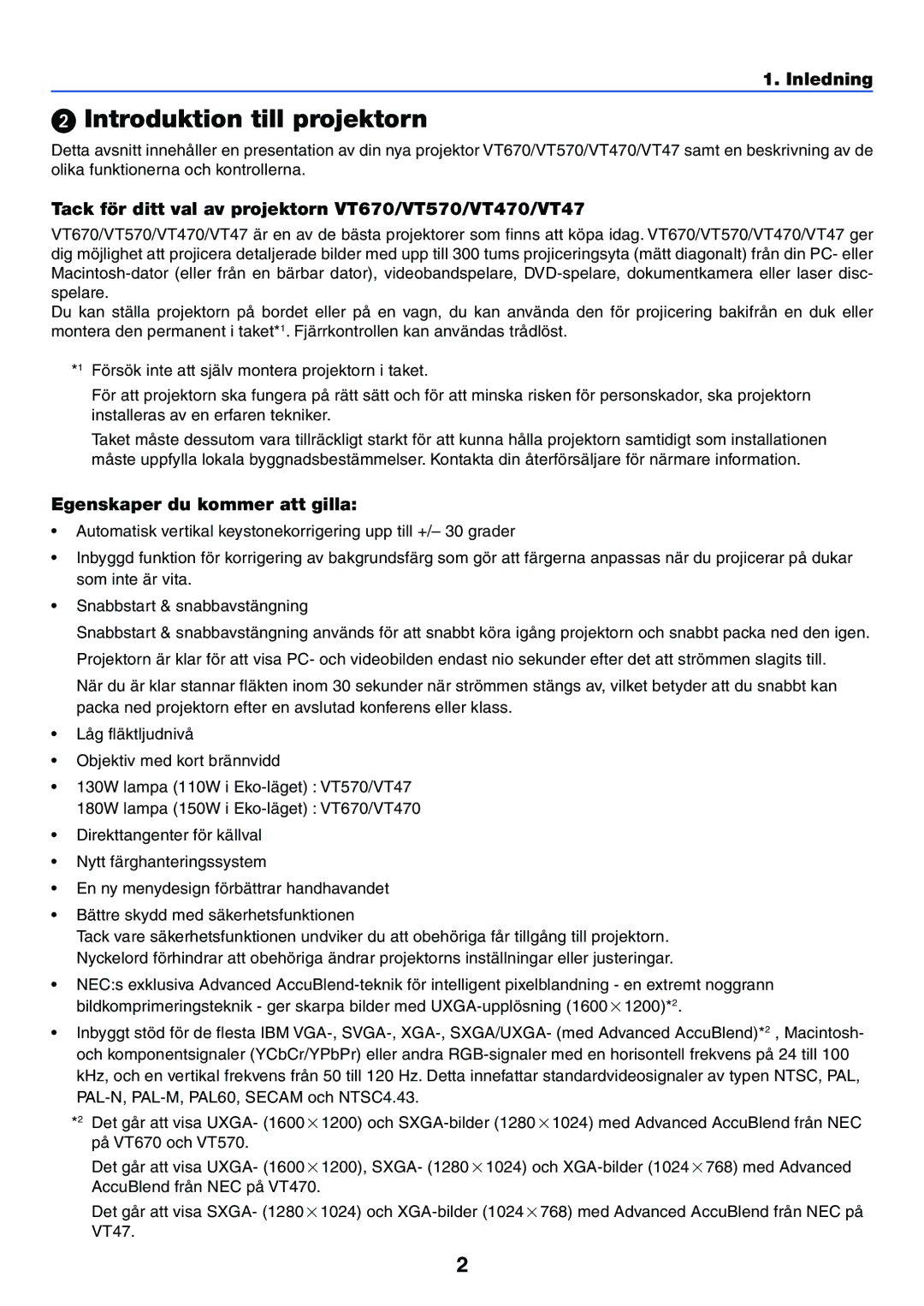 Nikon manual Introduktion till projektorn, Inledning, Tack för ditt val av projektorn VT670/VT570/VT470/VT47 