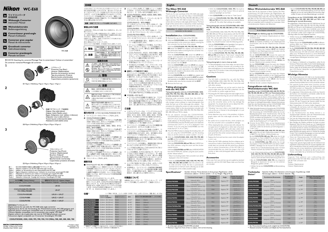 Nikon WC-E68 specifications En Wideangle Converter, Fr Convertisseur grand-angle, Conversor gran angular, Accessories 