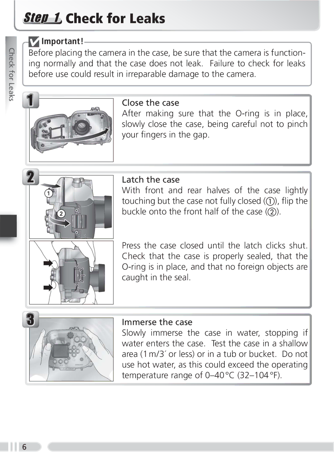 Nikon WP-CP2 user manual Check for Leaks 