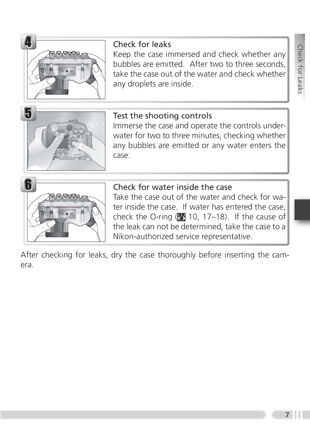 Nikon WP-CP2 user manual Check for Leaks 