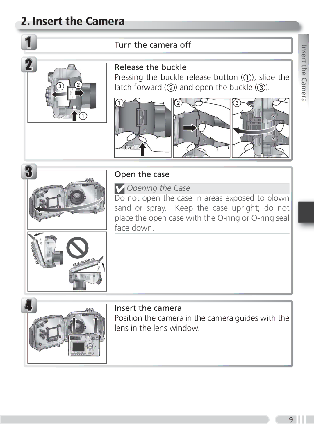 Nikon WP-CP2 user manual Insert the Camera, Opening the Case 