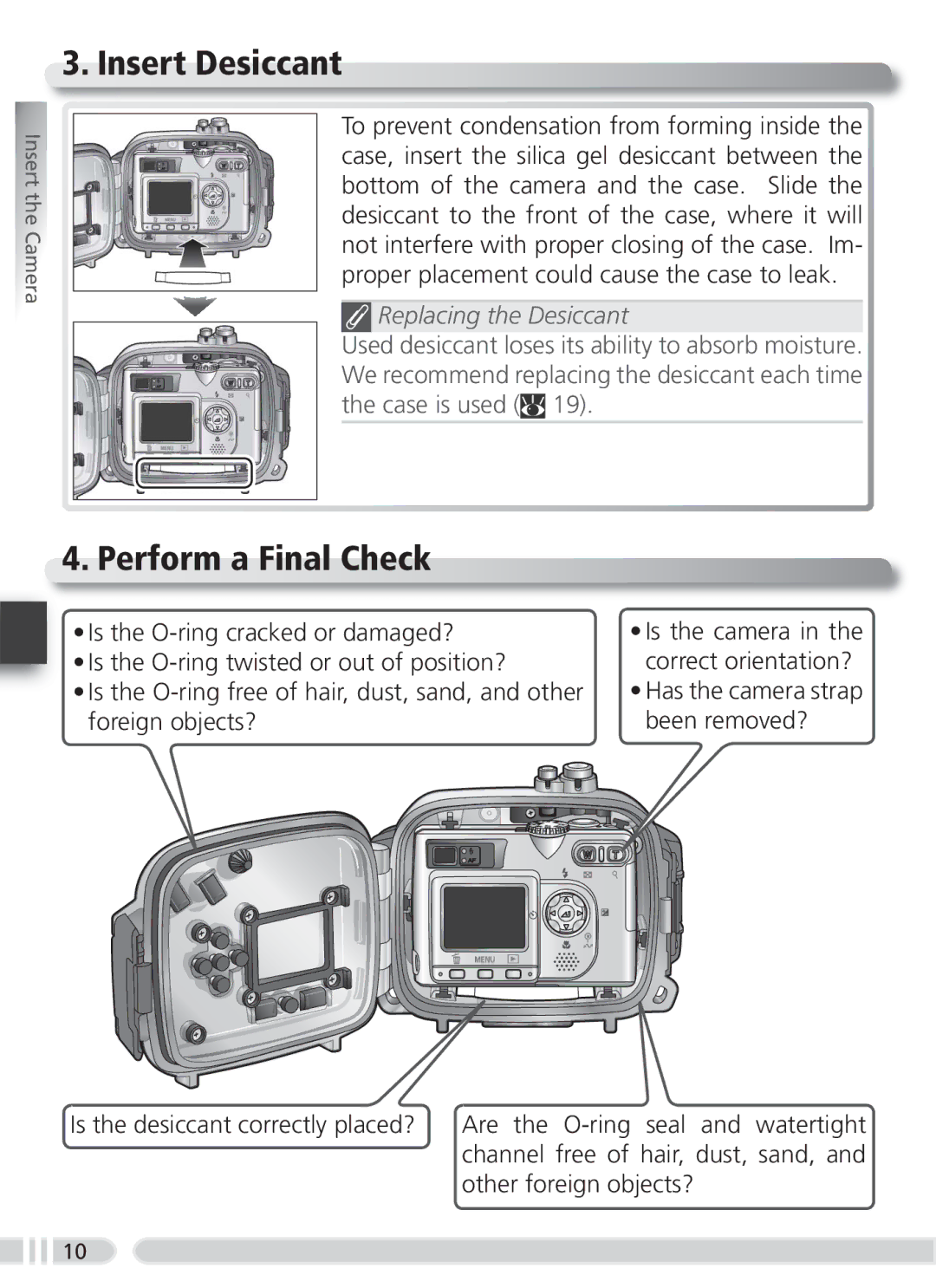 Nikon WP-CP2 user manual Insert Desiccant, Perform a Final Check, Replacing the Desiccant 