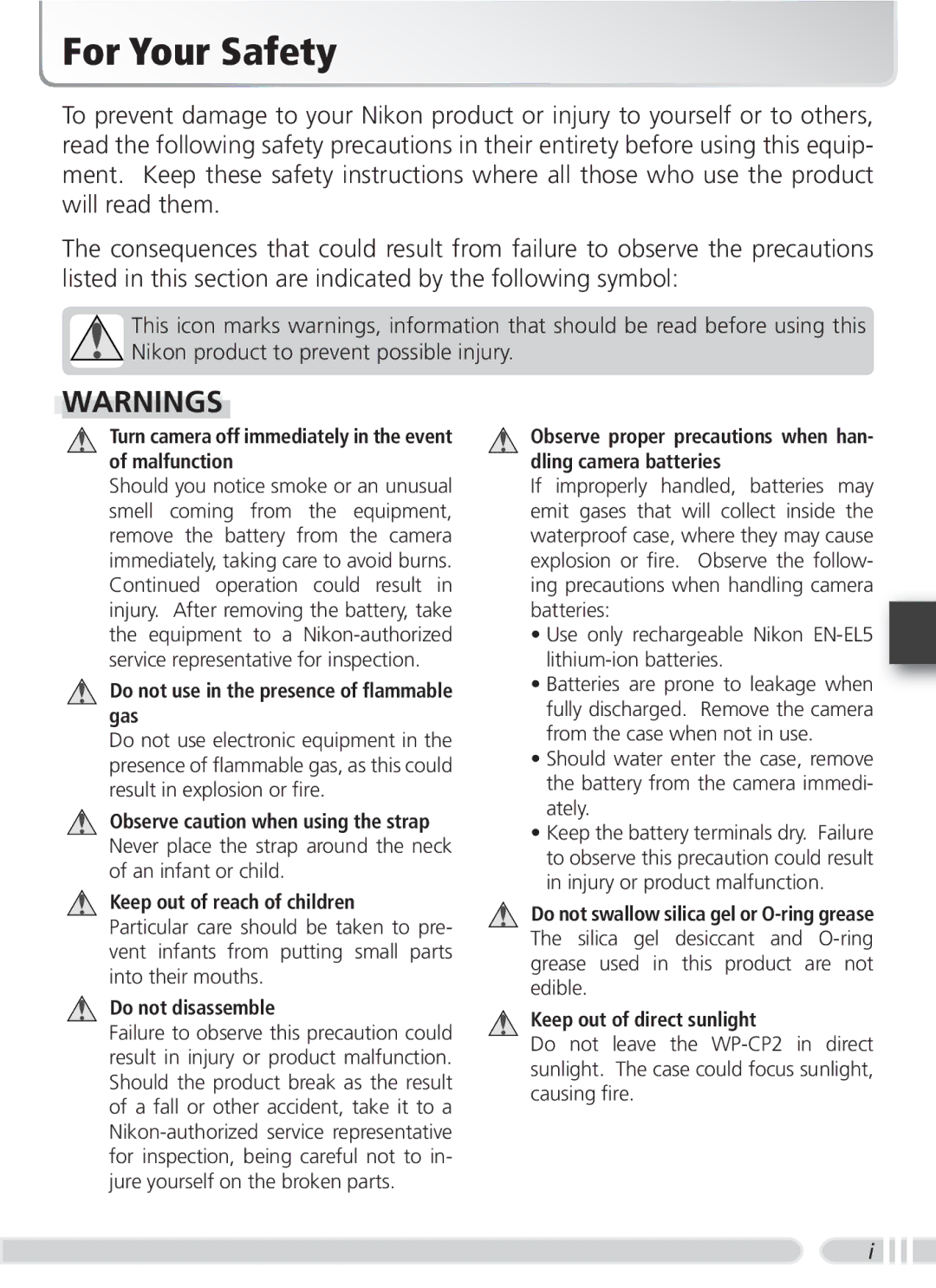 Nikon WP-CP2 user manual For Your Safety, Turn camera off immediately in the event of malfunction 