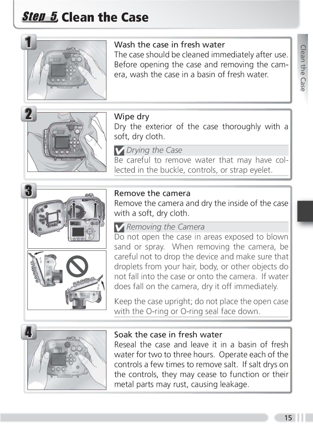 Nikon WP-CP2 user manual Clean the Case, Drying the Case, Removing the Camera 