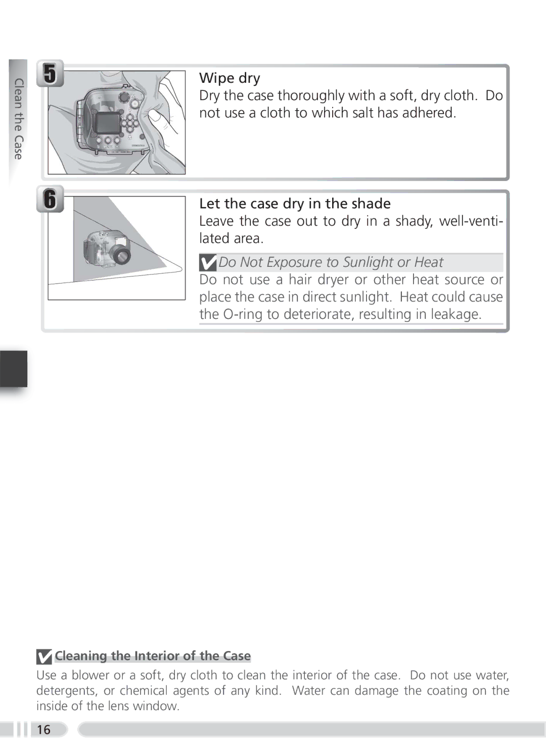 Nikon WP-CP2 user manual Do Not Exposure to Sunlight or Heat, Cleaning the Interior of the Case 