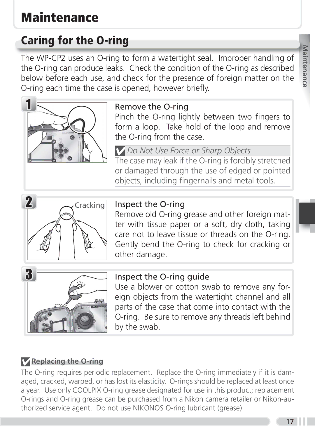 Nikon WP-CP2 user manual Maintenance, Caring for the O-ring, Do Not Use Force or Sharp Objects, Replacing the O-ring 