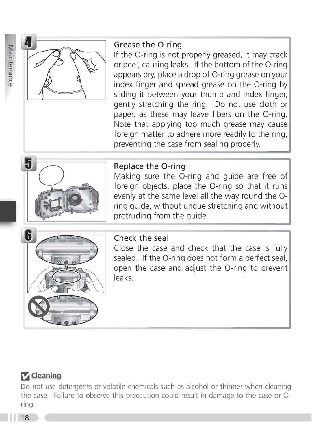 Nikon WP-CP2 user manual Grease the O-ring, Cleaning 