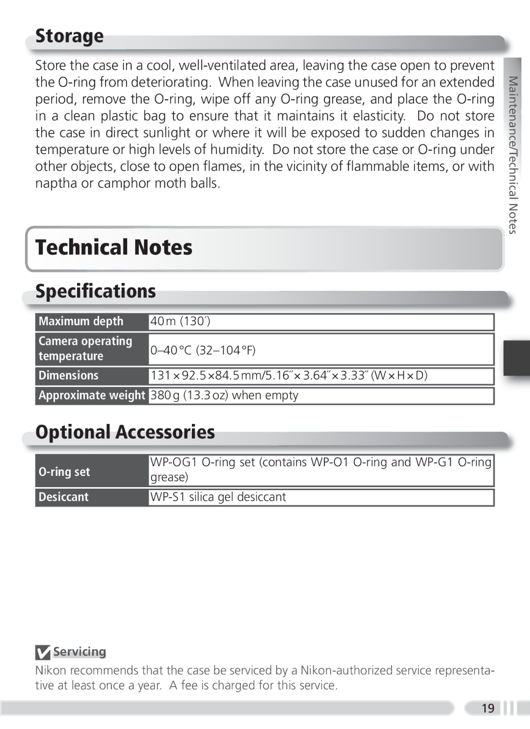 Nikon WP-CP2 user manual Technical Notes, Storage, Speciﬁcations, Optional Accessories, Servicing 