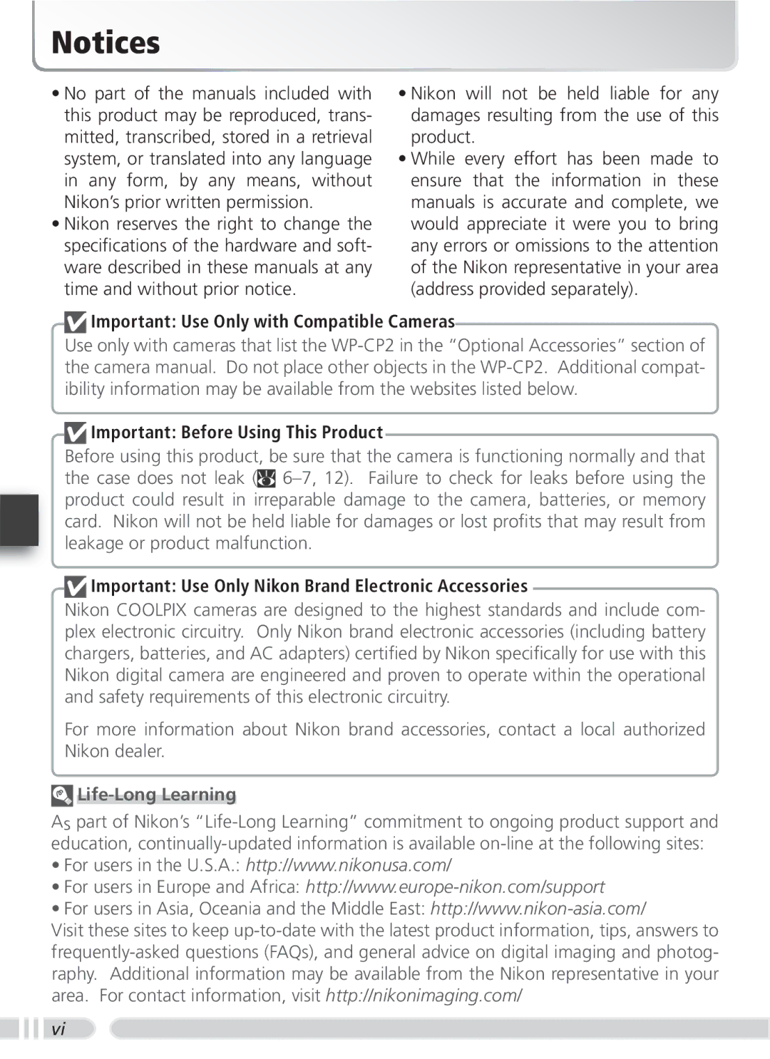 Nikon WP-CP2 user manual Important Use Only with Compatible Cameras, Life-Long Learning 