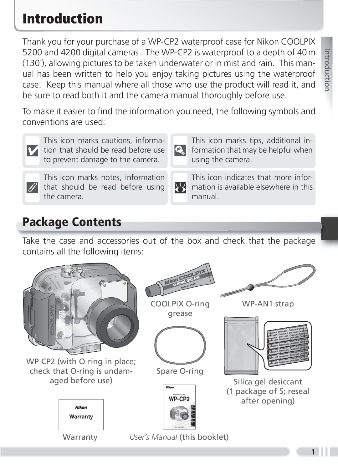 Nikon WP-CP2 user manual Introduction, Package Contents 