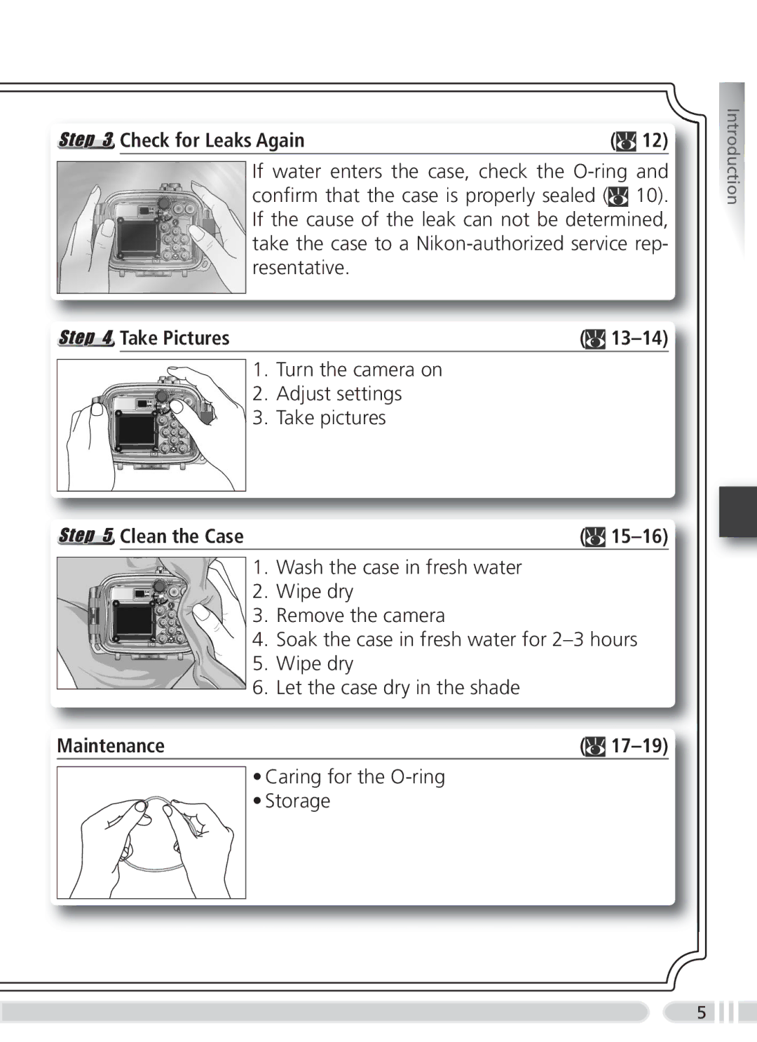 Nikon WP-CP3 user manual Turn the camera on Adjust settings Take pictures, Caring for the O-ring Storage 