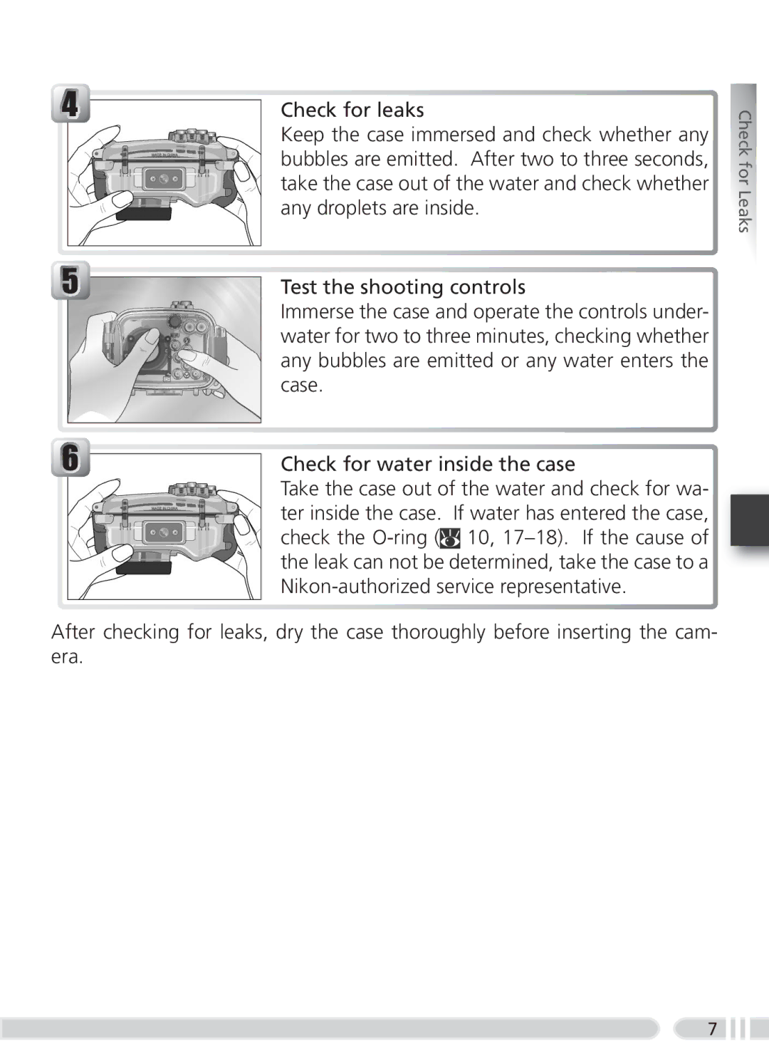 Nikon WP-CP3 user manual Check for Leaks 