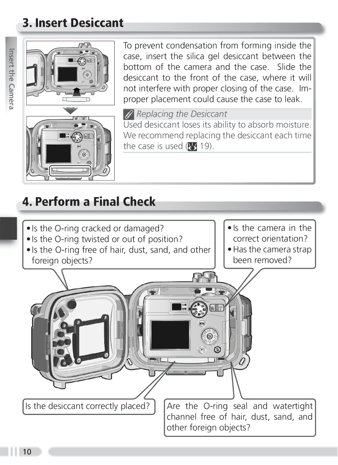 Nikon WP-CP3 user manual Insert Desiccant, Perform a Final Check, Replacing the Desiccant 