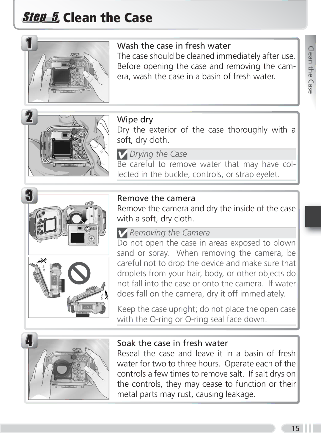 Nikon WP-CP3 user manual Clean the Case, Wash the case in fresh water, Drying the Case, Removing the Camera 