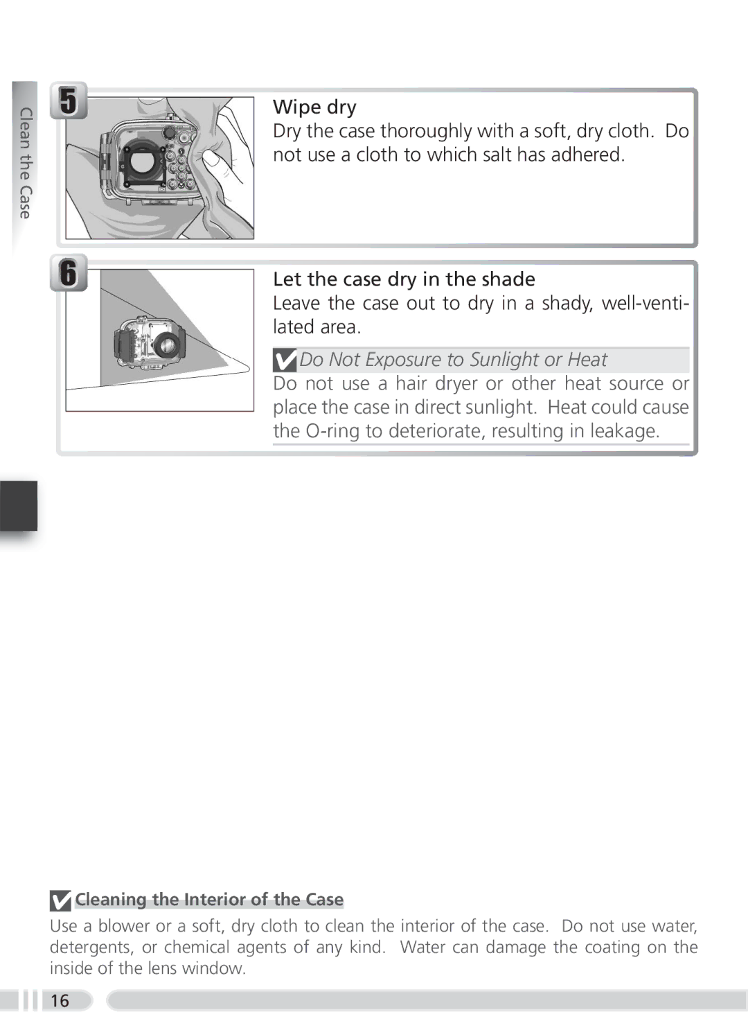 Nikon WP-CP3 user manual Do Not Exposure to Sunlight or Heat, Cleaning the Interior of the Case 