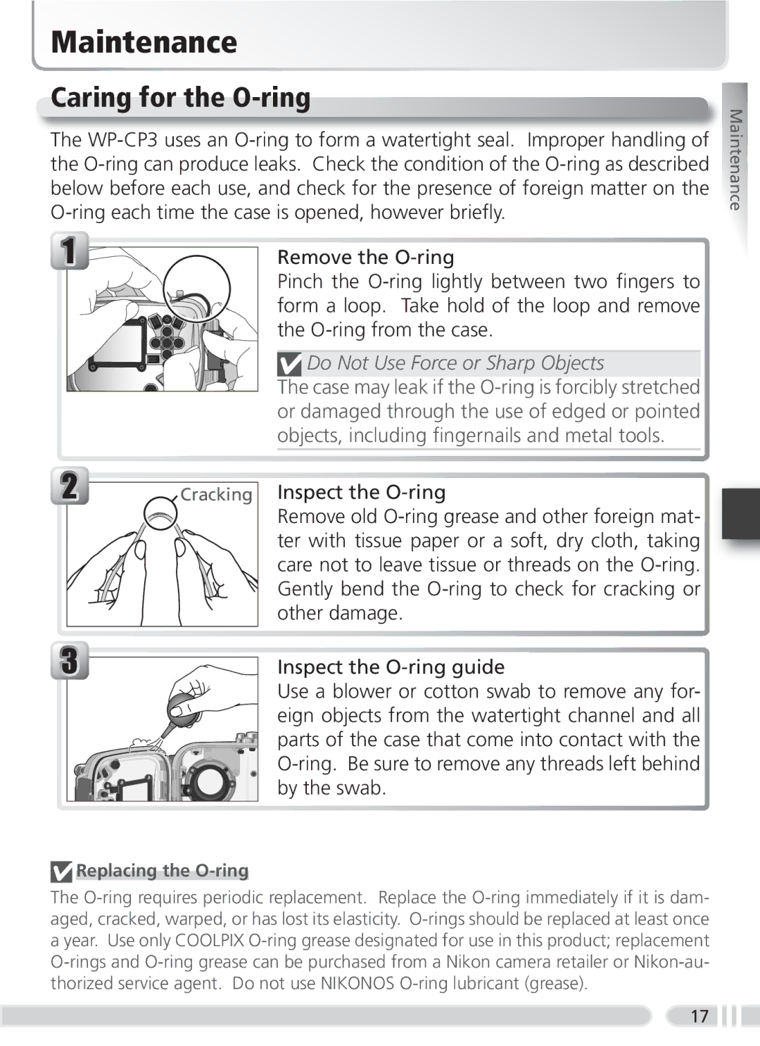 Nikon WP-CP3 user manual Maintenance, Caring for the O-ring, Do Not Use Force or Sharp Objects, Replacing the O-ring 