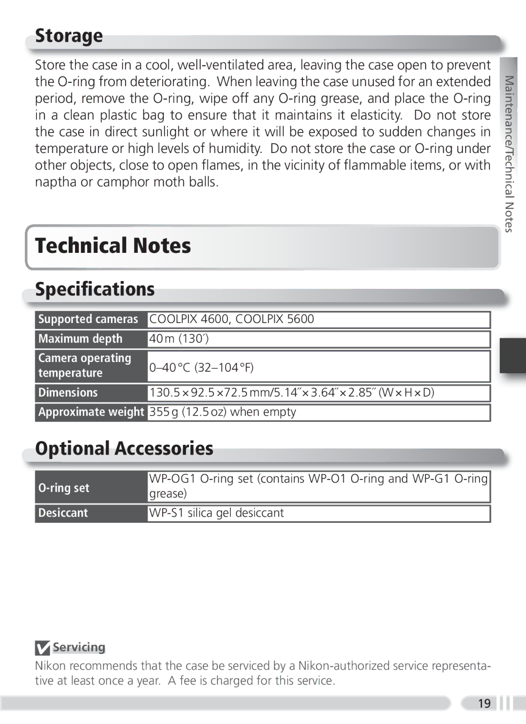 Nikon WP-CP3 user manual Technical Notes, Storage, Speciﬁcations, Optional Accessories, Servicing 