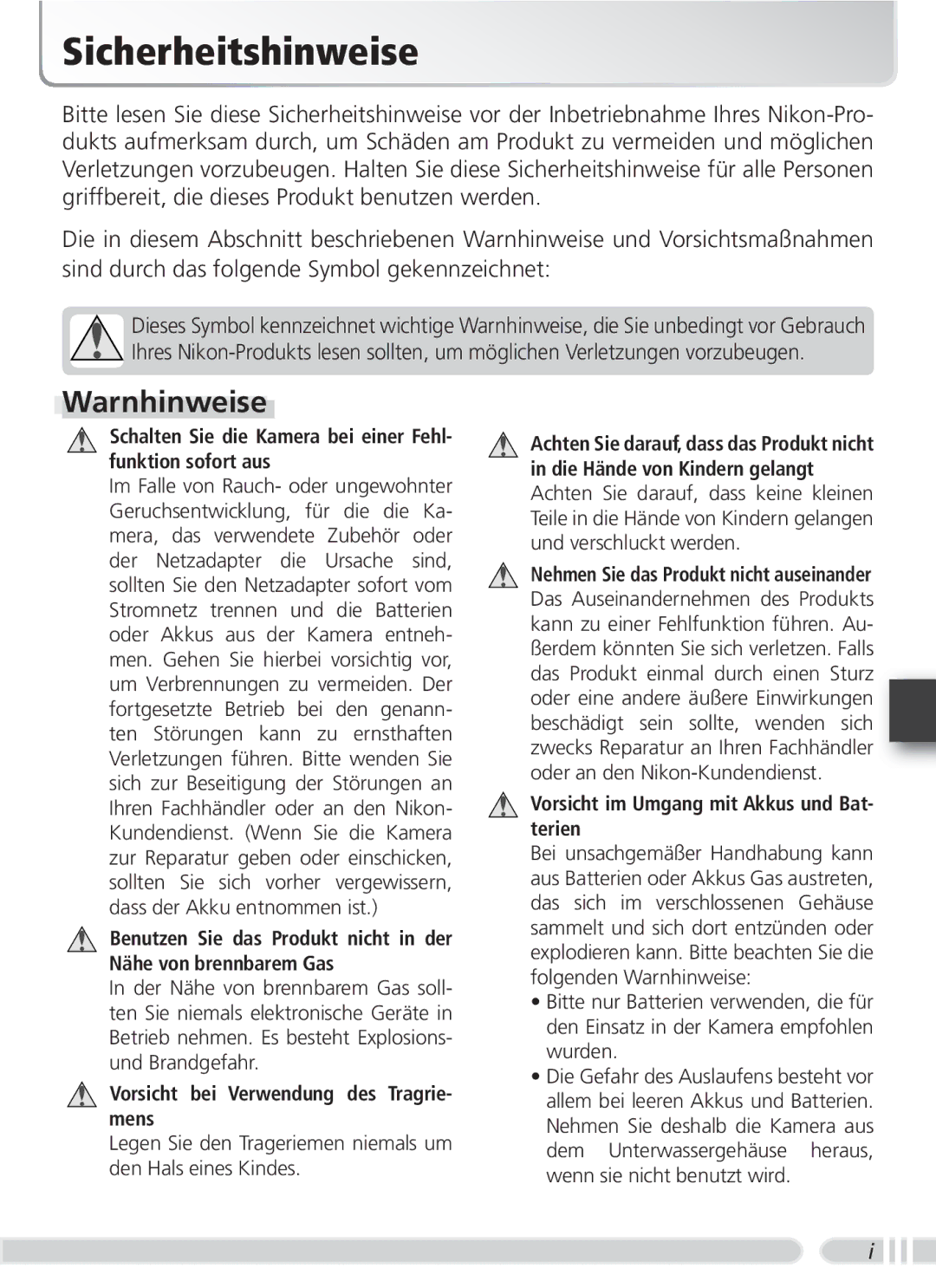 Nikon WP-CP3 user manual Sicherheitshinweise, Warnhinweise 