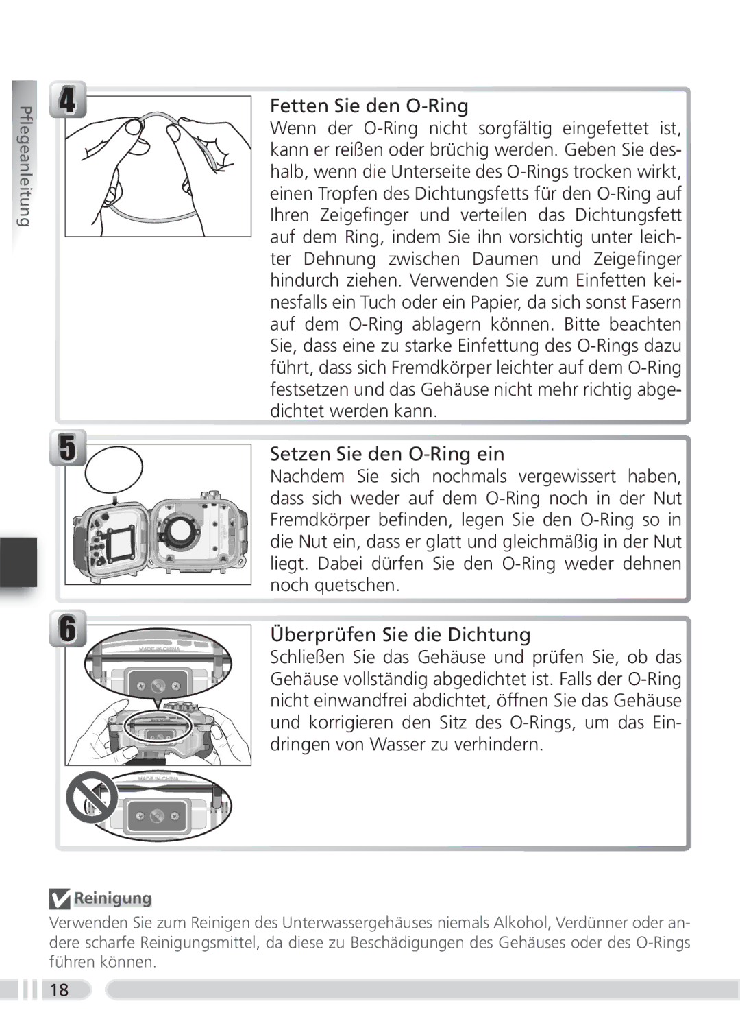 Nikon WP-CP3 user manual Fetten Sie den O-Ring, Setzen Sie den O-Ring ein, Überprüfen Sie die Dichtung 