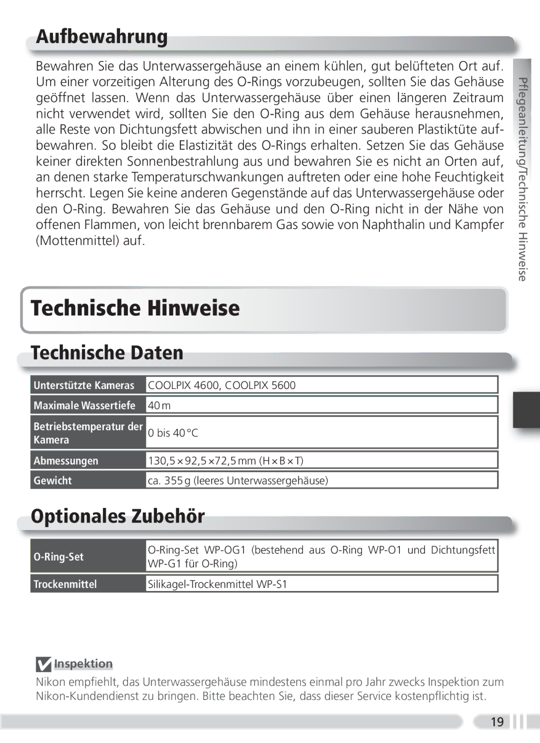 Nikon WP-CP3 user manual Technische Hinweise, Aufbewahrung, Technische Daten, Optionales Zubehör 