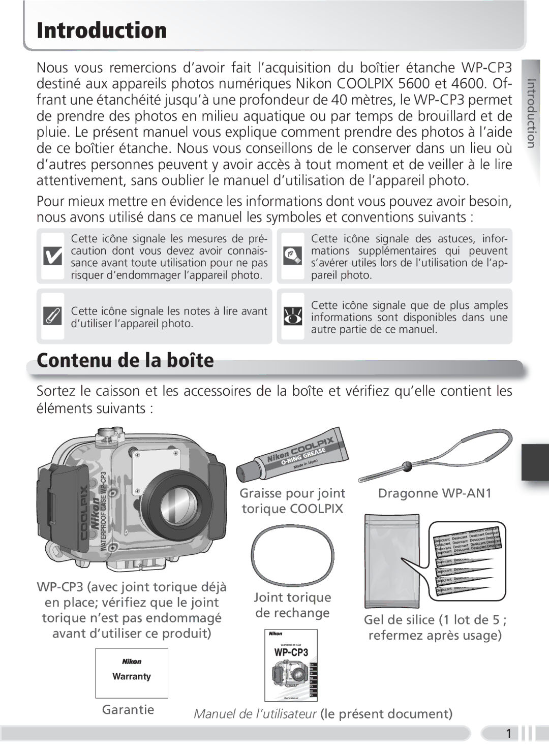 Nikon WP-CP3 user manual Introduction, Contenu de la boîte 