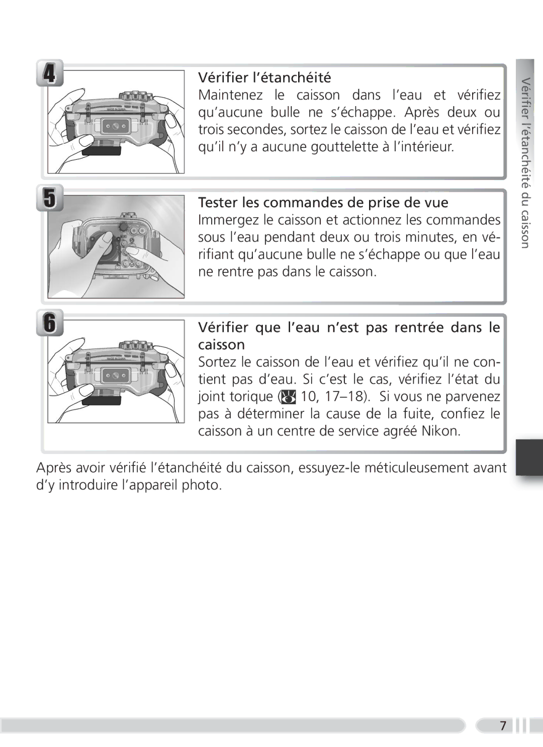 Nikon WP-CP3 user manual Vériﬁer l’étanchéité, Vériﬁer que l’eau n’est pas rentrée dans le caisson 