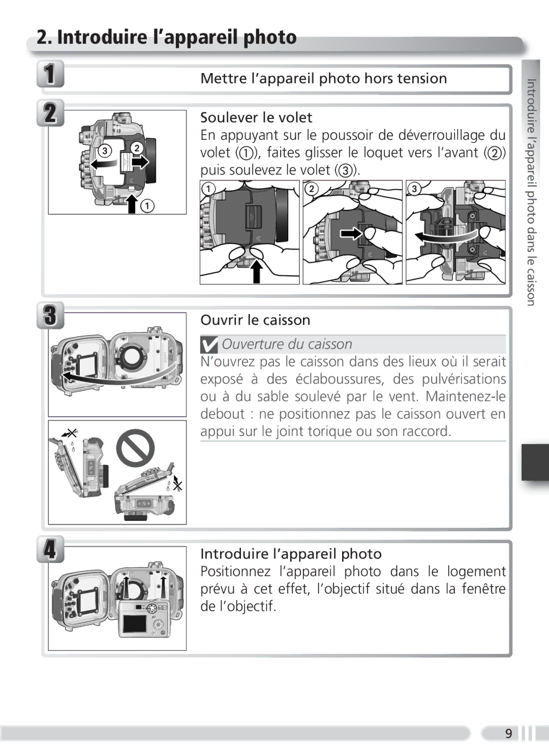 Nikon WP-CP3 user manual Introduire l’appareil photo, Ouverture du caisson 