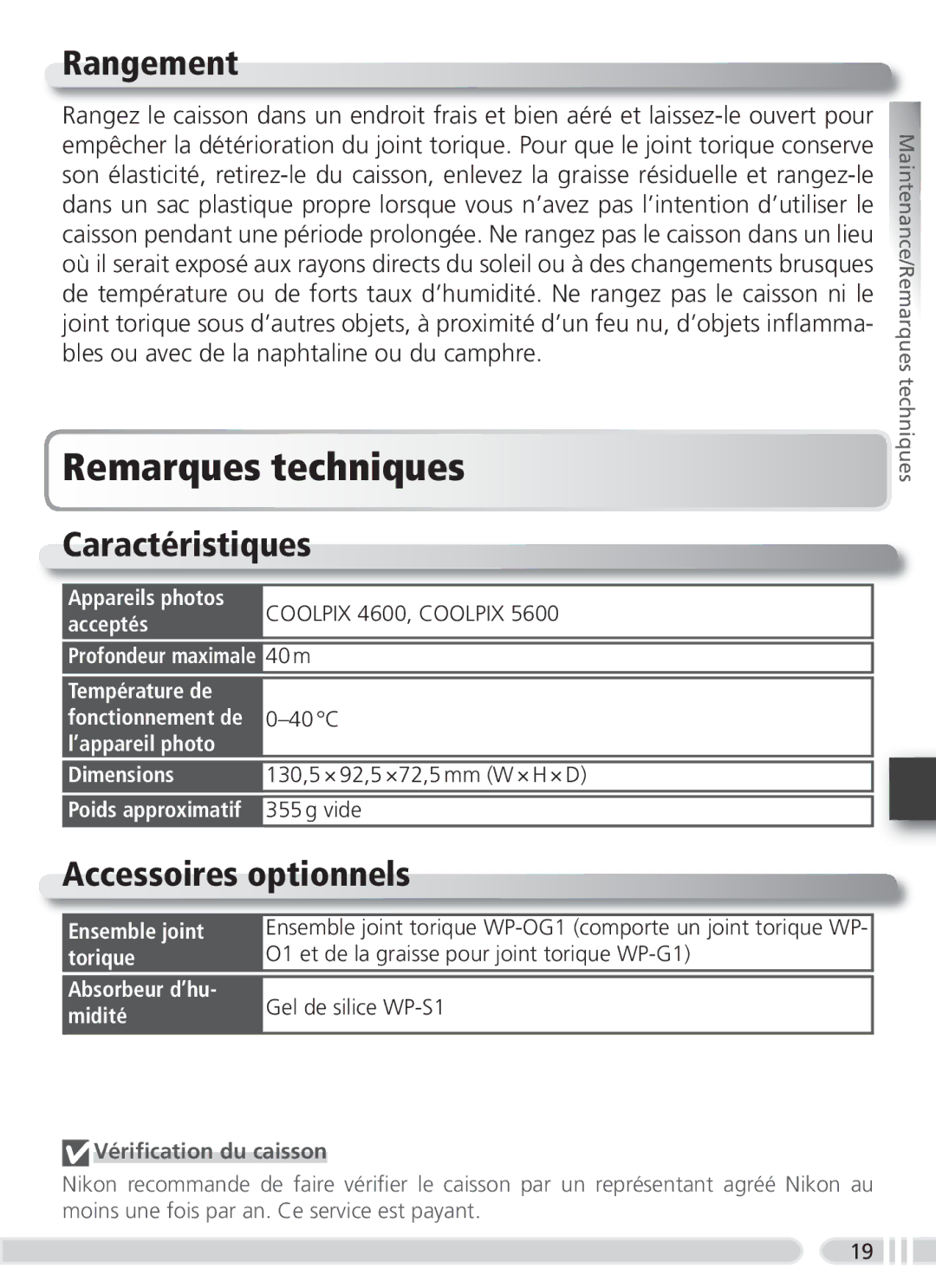 Nikon WP-CP3 user manual Remarques techniques, Rangement, Caractéristiques, Accessoires optionnels, Vériﬁcation du caisson 