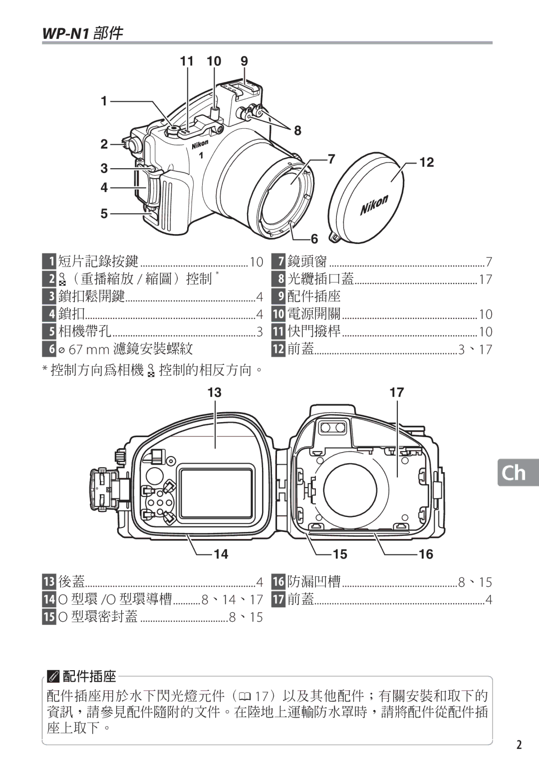 Nikon WP-N1 manual Mm 濾鏡安裝螺紋, 、17 