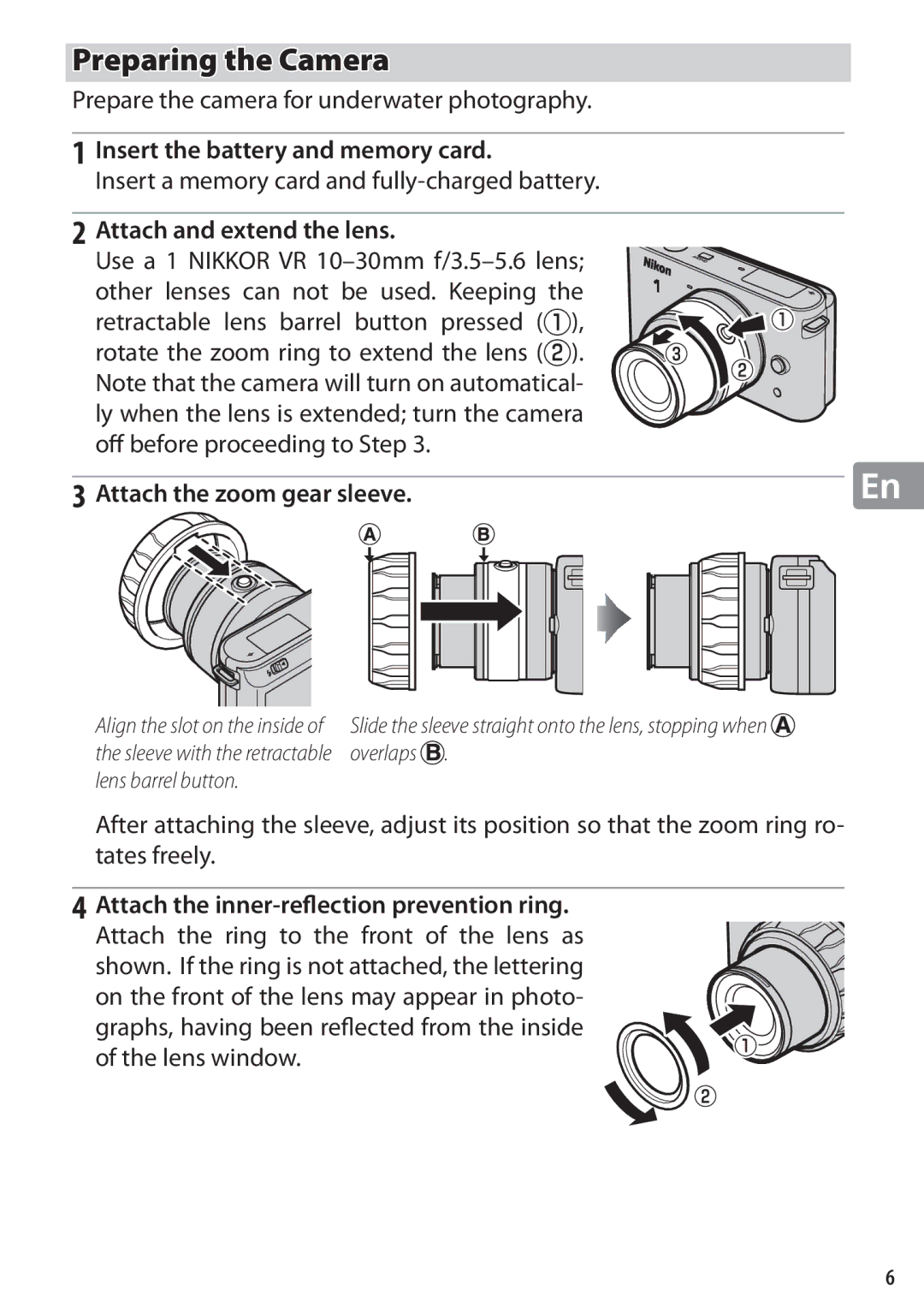 Nikon WP-N1 manual Preparing the Camera, Insert the battery and memory card, Attach and extend the lens 