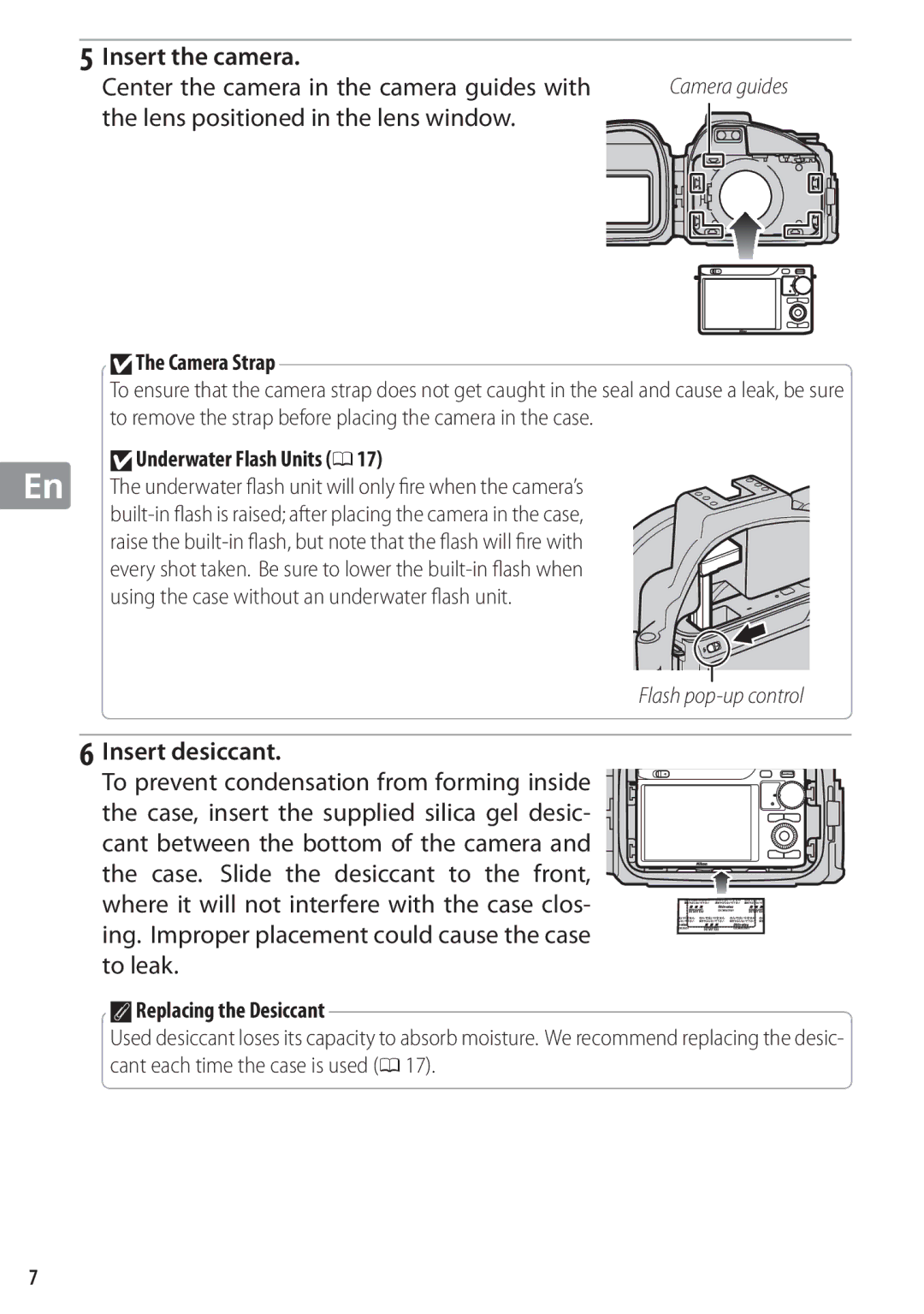 Nikon WP-N1 manual Insert the camera, Center the camera in the camera guides with, Lens positioned in the lens window 