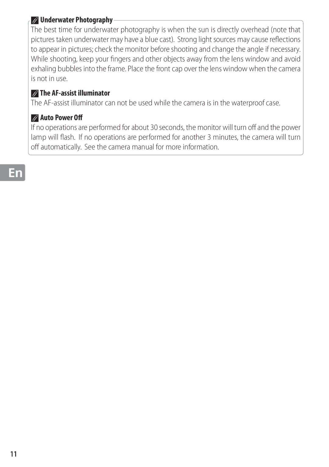 Nikon WP-N1 manual AUnderwater Photography, AThe AF-assist illuminator, AAuto Power Oﬀ 