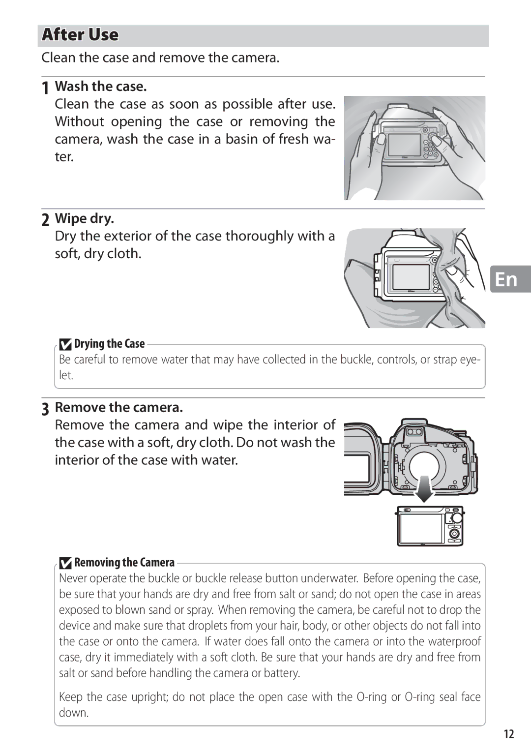 Nikon WP-N1 manual After Use, Clean the case and remove the camera, Wash the case, Wipe dry, Remove the camera 