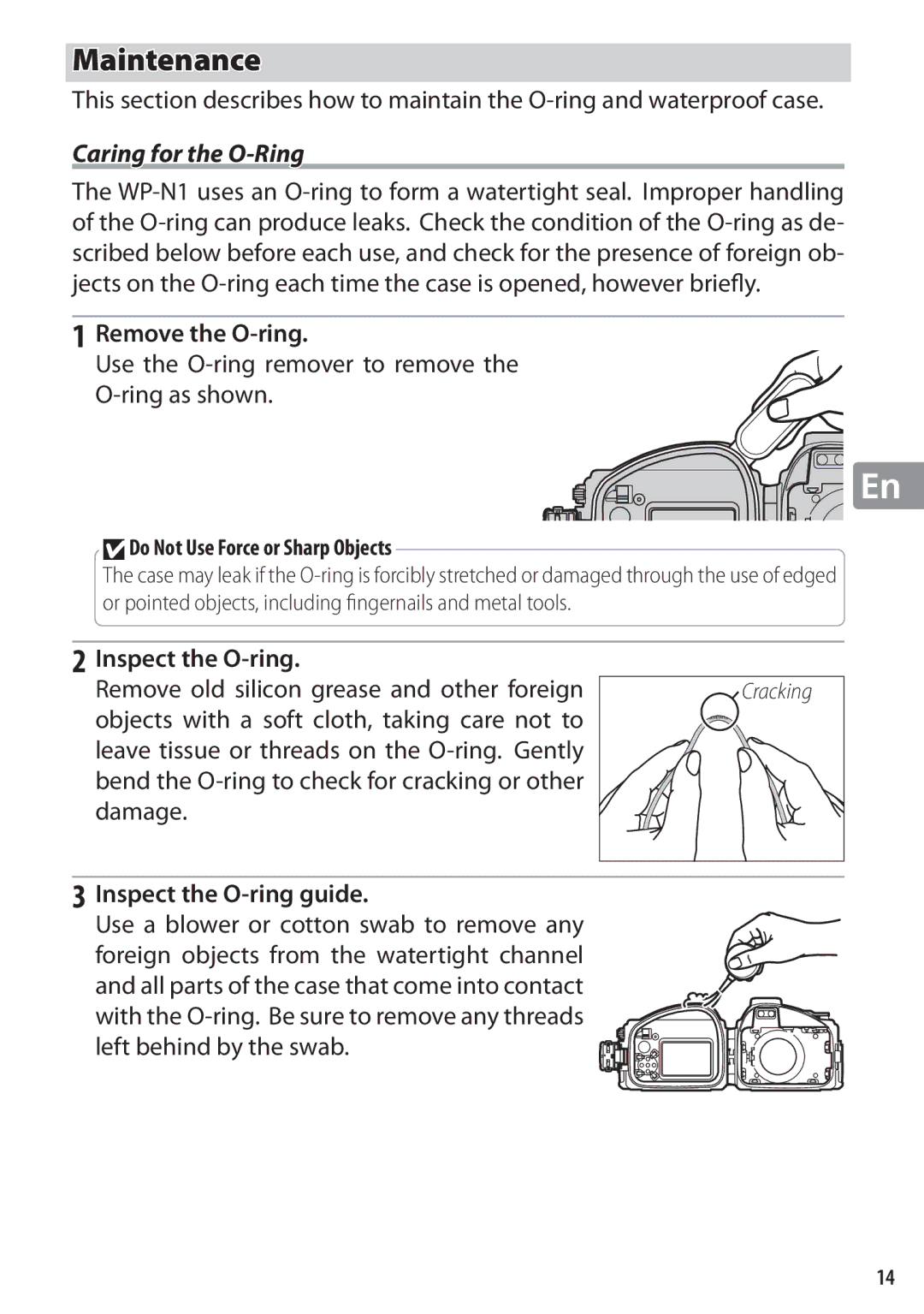 Nikon WP-N1 manual Maintenance, Caring for the O-Ring, Remove the O-ring, Inspect the O-ring guide 