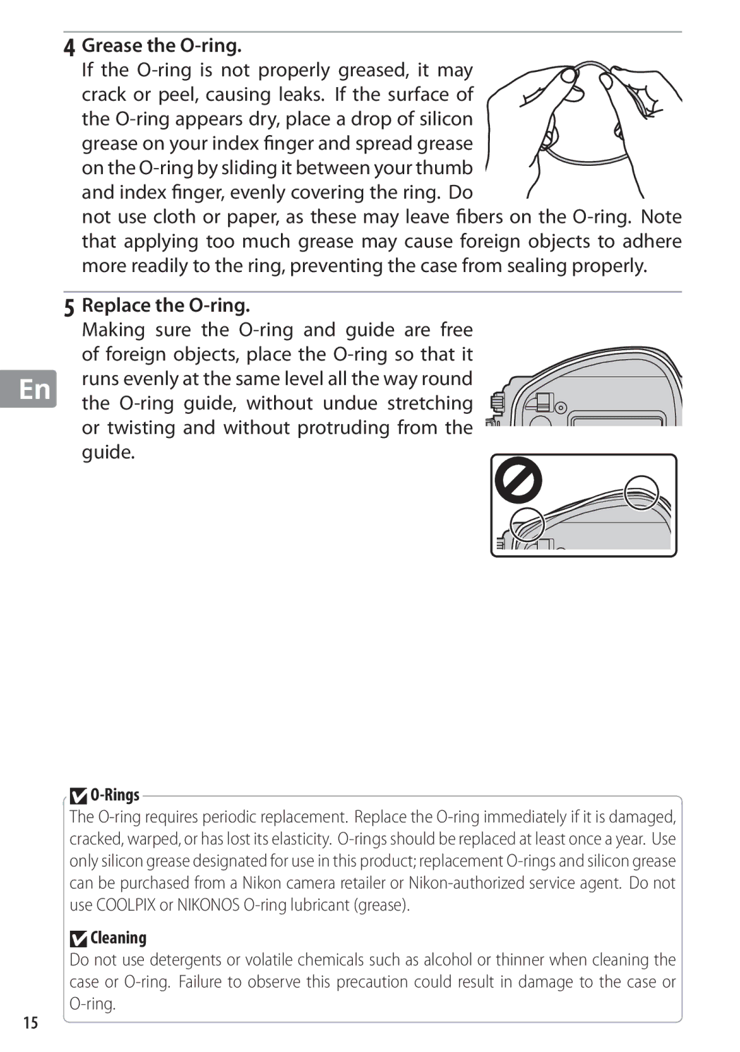 Nikon WP-N1 manual Grease the O-ring, Replace the O-ring, O-ring guide, without undue stretching, Guide 