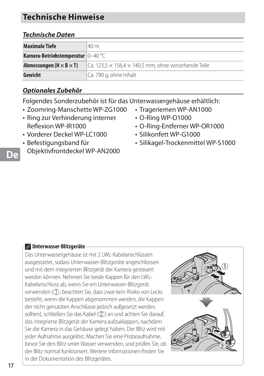 Nikon WP-N1 manual Technische Daten, Optionales Zubehör, Trageriemen WP-AN1000, De Objektivfrontdeckel WP-AN2000 