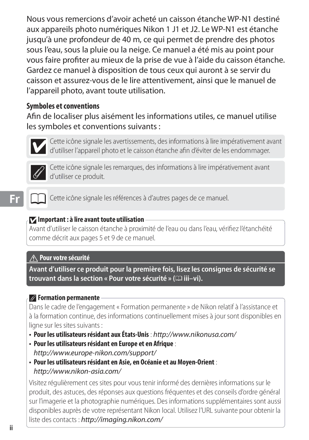 Nikon WP-N1 manual Symboles et conventions, DImportant à lire avant toute utilisation, AFormation permanente 