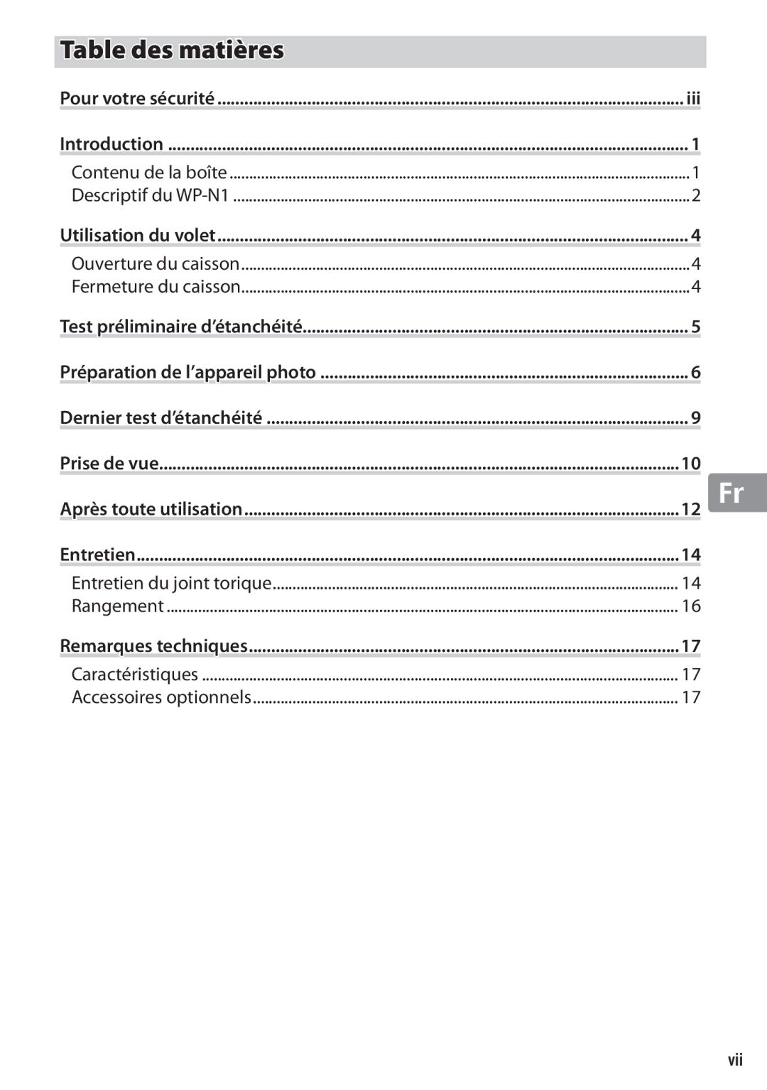 Nikon WP-N1 manual Table des matières, Après toute utilisation 