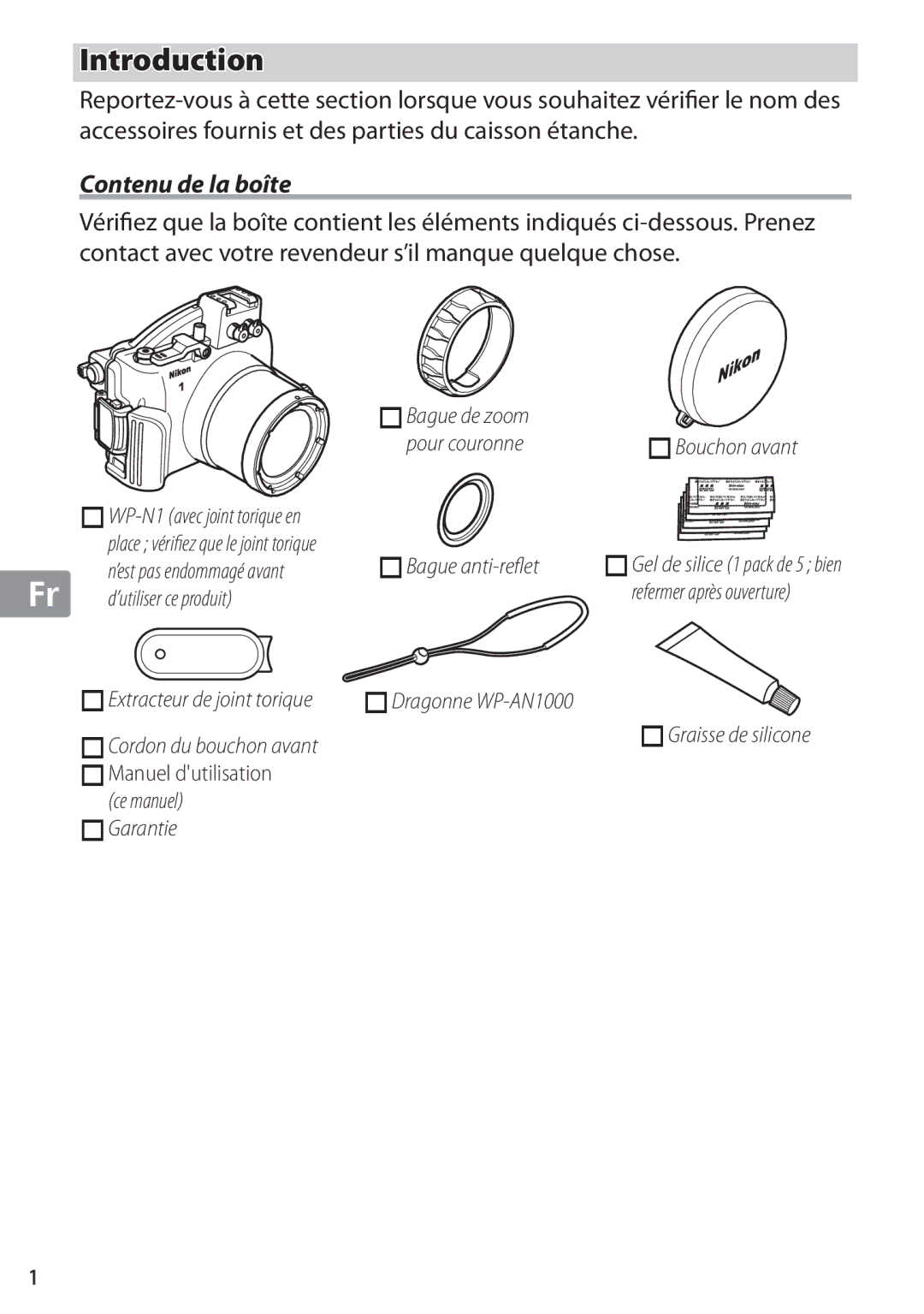 Nikon WP-N1 manual Introduction, Contenu de la boîte 