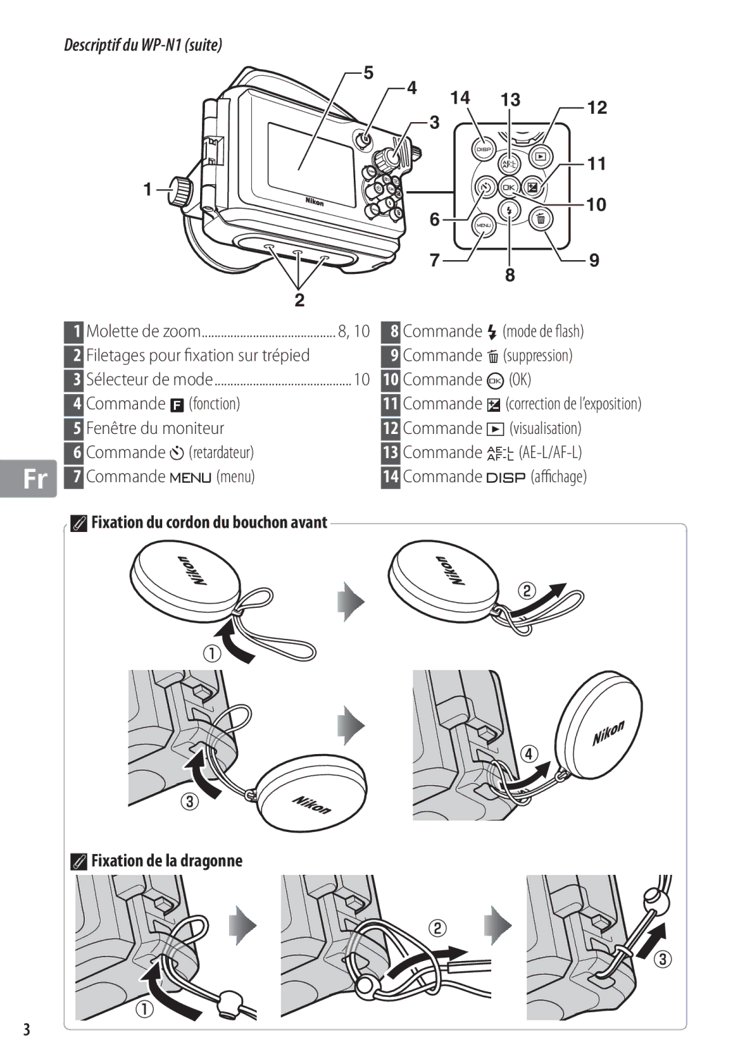 Nikon WP-N1 manual AFixation de la dragonne, Filetages pour ﬁ xation sur trépied 