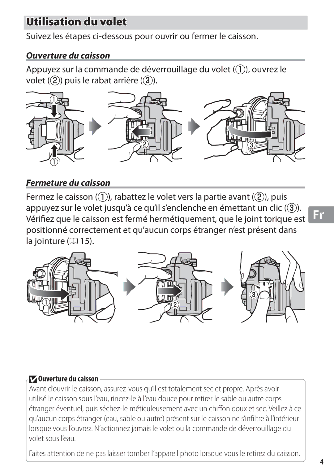 Nikon WP-N1 manual Utilisation du volet, Fermeture du caisson, La jointure 0, DOuverture du caisson 