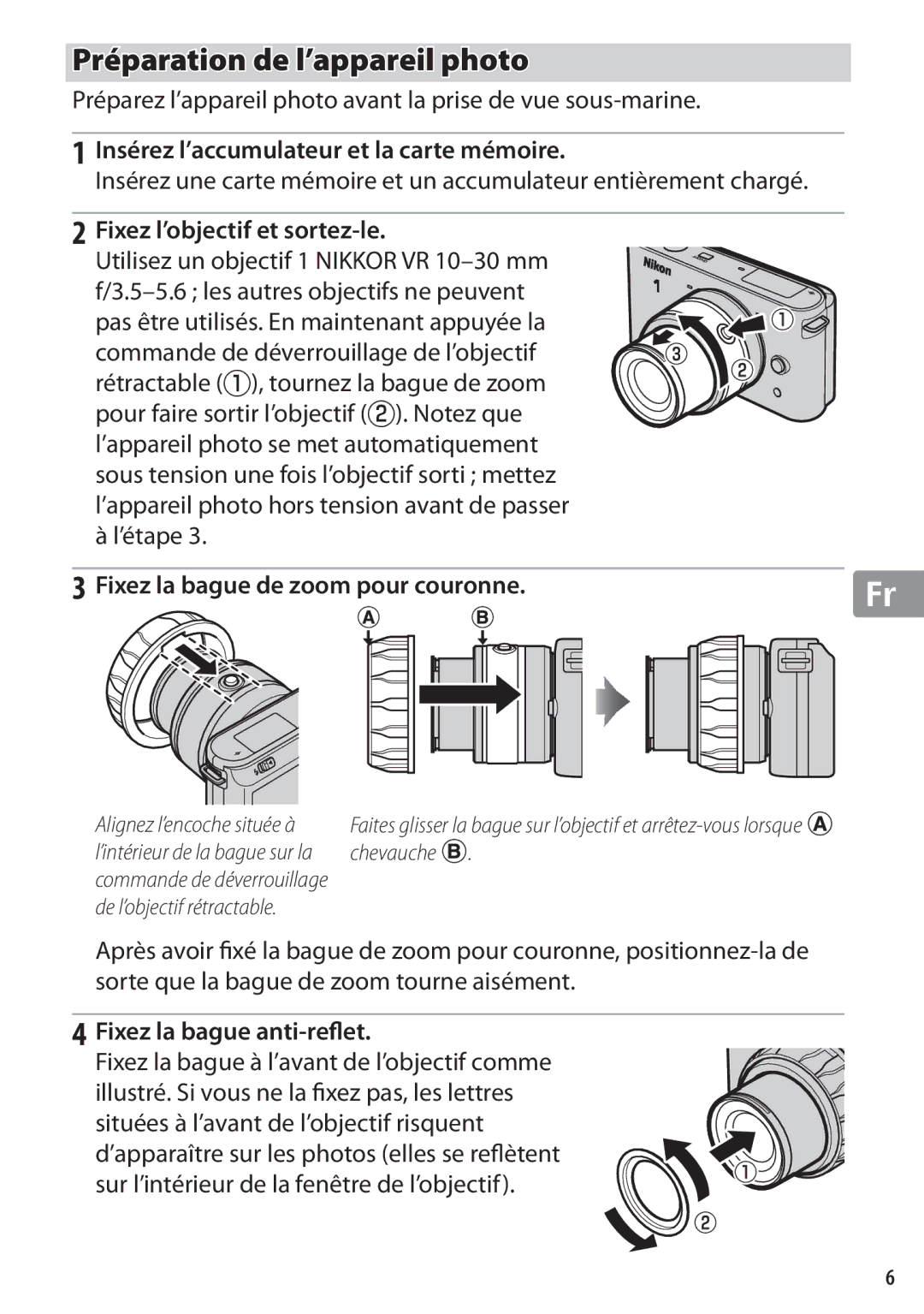 Nikon WP-N1 manual Préparation de l’appareil photo, Préparez l’appareil photo avant la prise de vue sous-marine 