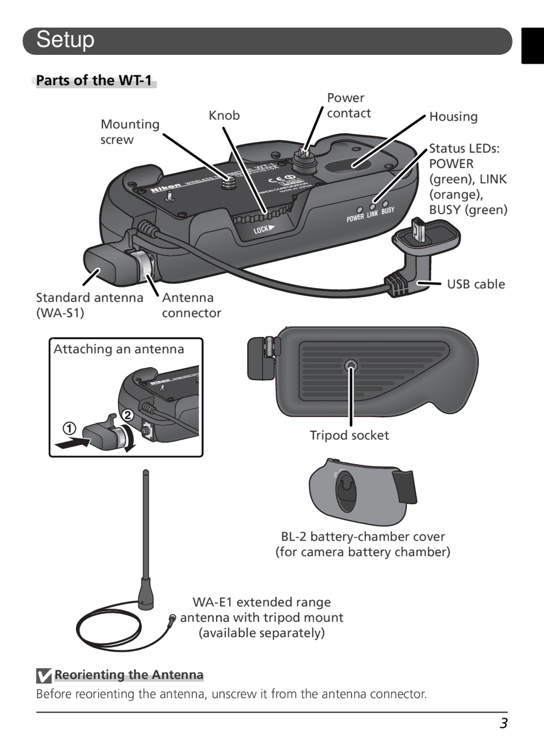 Nikon user manual Setup, Parts of the WT-1 